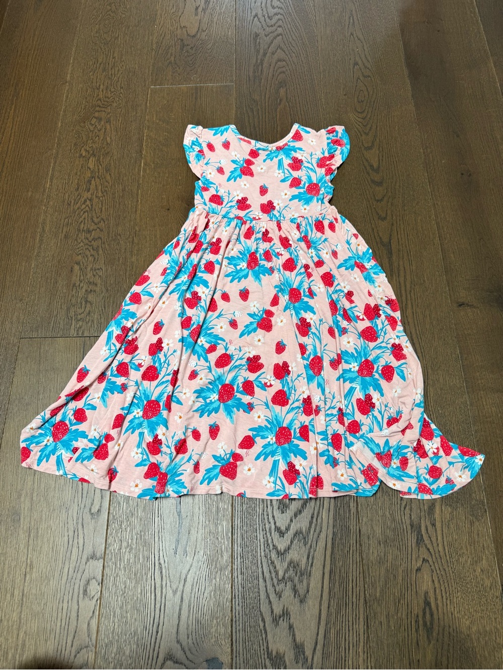 Posh Peanut Pink Strawberry & Teal Floral Flutter Dress